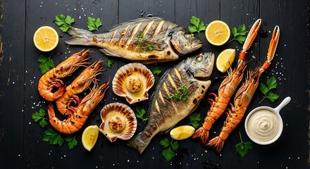 Exquisite Seafood Platter featuring Grilled Fish, Scallops and Shrimp Arranged on Dark Surface