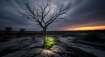 Fototapeta premium Hope reborn A glowing green plant symbolizes life and resilience, emerging from cracked earth by a dead tree in a desolate landscape.