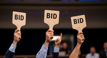 Auctioneers raising bid paddles during a live sale, showcasing competitive bidding and investment