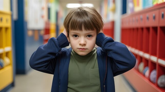 Autistic child boy covering ears in noisy school hallway avoiding sound overload sensory regulation autism ADHD spectrum neurodiversity awareness inclusion mental health - Powered by Adobe