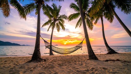 Tropical beach sunset hammock scene