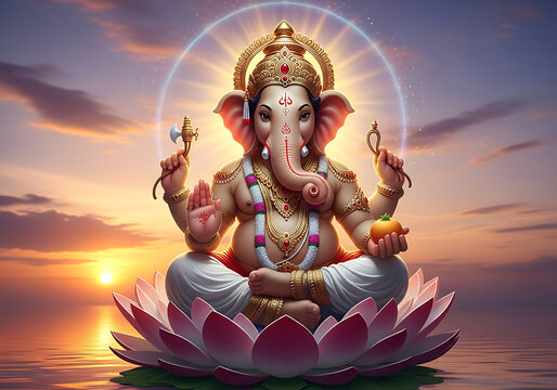 Ganesha sitting on lotus flower at sunset Hindu god