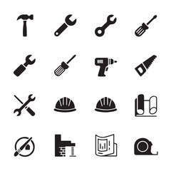 Obraz premium Assorted construction and repair tools and equipment black glyphs grid icon set