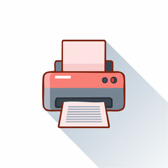 Modern Red Printer Icon with Paper Output and Long Shadow on White