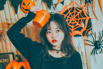 Asian woman holding a jack o’ lantern pumpkin on her head with Halloween decorations, spiders, and cobweb background. Perfect for spooky holiday, autumn, and festive design.