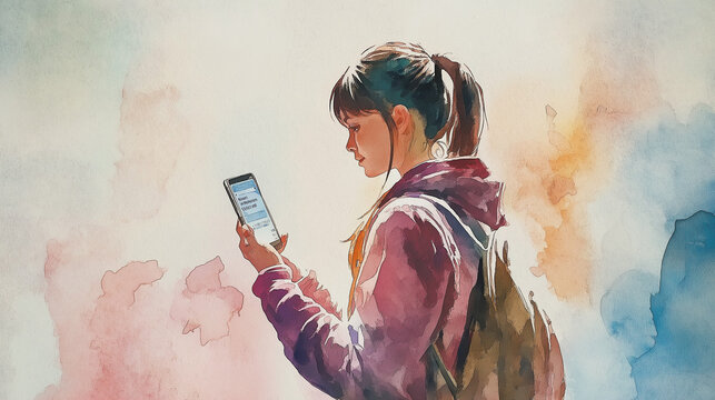 Watercolor illustration of a young girl using a smartphone for communication and technology concept