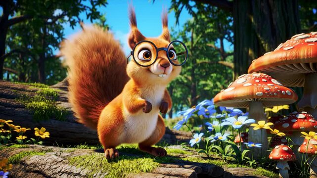 Cartoon squirrel with glasses in bright forest scene concept
