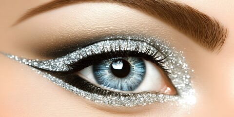 Closeup Silver Glitter Eye Makeup Blue Eyes Glamour Beauty