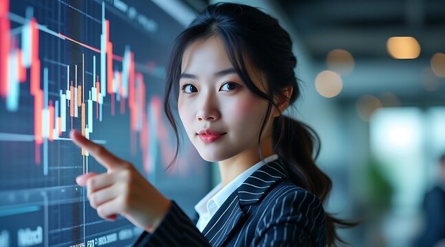 Young woman analyzing stock market data on a digital screen