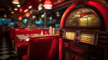 Classic American diner with vintage jukebox playing music, retro chrome and red vinyl interior, warm nostalgic lighting, shot with 24mm wide angle lens, vibrant retro color grading with enhanced reds 