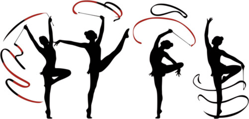 Fototapeta premium Rhythmic Gymnastics Ribbon Silhouette Vector Set – Elegant Athlete Poses on White Background