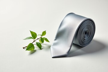 Rolled Silver Satin Necktie with Green Leaf on White Background