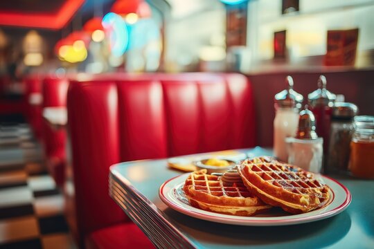 Classic American diner waffle plate with traditional sides, vintage red vinyl booth setting, nostalgic diner atmosphere with checkered floor, warm diner lighting with neon accent glow, shot with 50mm 