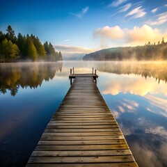 Fototapeta premium Wooden pier on a calm lake with mist and reflections at sunrise