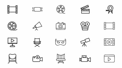 A professional collection of clean line art icons representing all aspects of video creation and filmmaking. Perfect for production studios, creative portfolios, and media agency branding