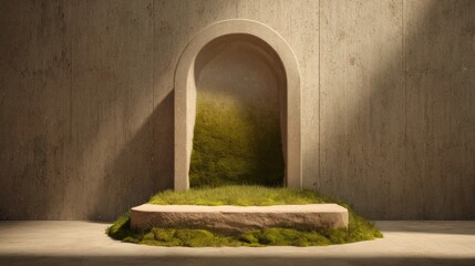Minimalist podium with natural textures and condensation details. Close-up of matte stone surface with moss, dewdrops, and soft ethereal light. Ideal for organic products and clean editorial design.