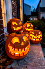 Glowing Halloween pumpkins with scary carved faces on a porch at night. Spooky jack o’ lantern decoration perfect for autumn, holiday, and festive seasonal design.