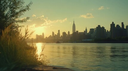 Naklejka premium City skyline at sunset over water