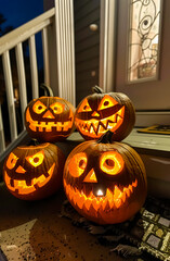 Glowing Halloween pumpkins with scary carved faces on a porch at night. Spooky jack o’ lantern decoration perfect for autumn, holiday, and festive seasonal design.