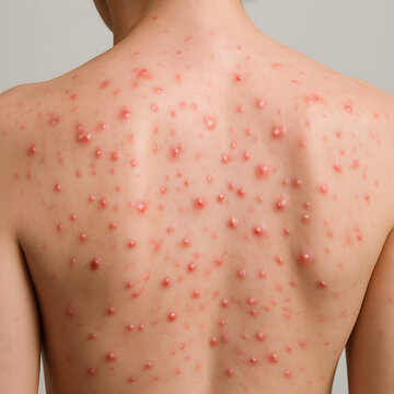 Back view of a person with severe inflamed acne on the upper back, featuring red pustules and pustular lesions, highlighting an extreme skin condition. Concept of skincare, acne treatment, dermatology