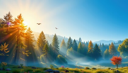 Serene Forest Morning with Ozone Layer and Mist