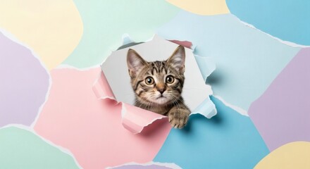 A curious cute cat with alert whiskers peeks through a ripped hole in a vibrant pastel paper wall, looking directly at the camera.