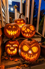 Glowing Halloween pumpkins with scary carved faces on a porch at night. Spooky jack o’ lantern decoration perfect for autumn, holiday, and festive seasonal design.
