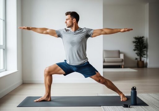 Man Practicing Warrior II Yoga Pose at Home