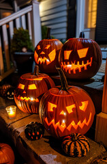 Glowing Halloween pumpkins with scary carved faces on a porch at night. Spooky jack o’ lantern decoration perfect for autumn, holiday, and festive seasonal design.