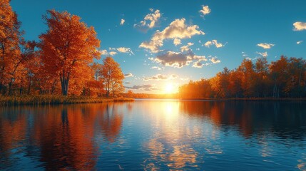 Autumnal lake scene with colorful foliage & sunset reflection