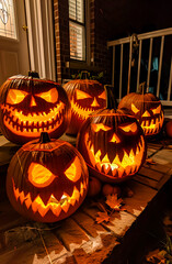 Glowing Halloween pumpkins with scary carved faces on a porch at night. Spooky jack o’ lantern decoration perfect for autumn, holiday, and festive seasonal design.