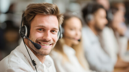 A cheerful and friendly male call center agent wearing a headset with a microphone, smiling directly at the camera while working in a bustling office. His colleagues are blurred in the background