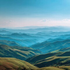 Fototapeta premium Vast, hazy mountain ranges bathed in soft light
