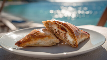 Delicious Greek spinach and feta cheese phyllo pastry triangles, served on a plate with the sparkling blue sea in the background. A close-up of two delicious triangles of Greek spanakopita