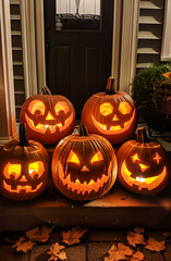 Glowing Halloween pumpkins with scary carved faces on a porch at night. Spooky jack o’ lantern decoration perfect for autumn, holiday, and festive seasonal design.