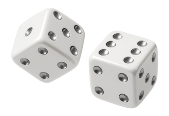 Two white dice with silver dots in mid-air.