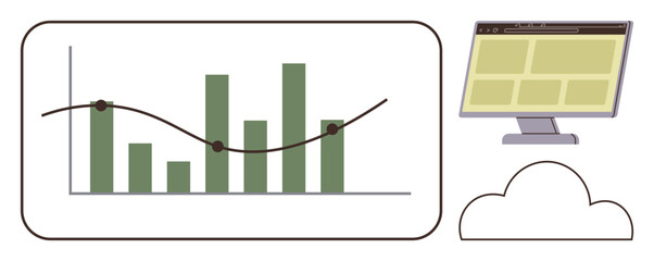 Green bar graph with trendline analyzing performance, cloud icon for storage, and monitor representing web interface. Ideal for analytics, cloud computing, business growth, forecast, technology