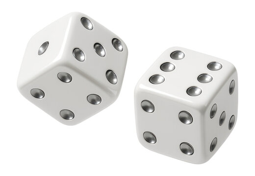 Two white dice with silver dots in mid-air.
