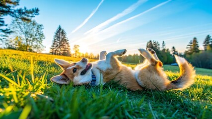 Joyful Pembroke Welsh Corgi Puppy Playing in Golden Hour Sunlight, Rolling on Lush Green Grass, Happy Dog,  Outdoor Pet Photography, Vibrant Colors, Cheerful Mood, Summertime Fun, Canine Playfulness