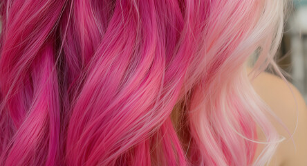 Naklejka premium Close-up shot of vibrant pink and white ombre hair flowing with soft, natural waves, demonstrating advanced hair coloring and styling techniques for modern beauty and fashion