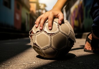 Child's hand holding a worn-out soccer ball on a street in Brazil