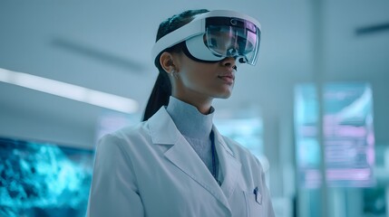 A female scientist with light brown skin wearing a lab coat and VR headset monitors deep-sea mining data in a clean, futuristic lab. Minimalist interior with holographic displays and soft lighting. 