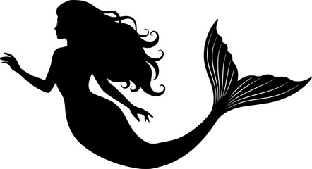 Black and white mermaid silhouette illustration for fantasy and ocean-themed designs.