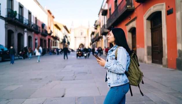 Woman walking down a city street, looking ahead.