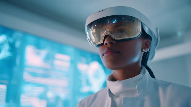 A female scientist with light brown skin wearing a lab coat and VR headset monitors deep-sea mining data in a clean, futuristic lab. Minimalist interior with holographic displays and soft lighting.