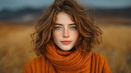 Fototapeta premium A woman with brown hair and a red scarf is standing in a field. She has a smile on her face and her eyes are closed