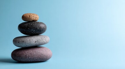 Four smooth, diversely colored stones are meticulously stacked on a pale blue background, creating a sense of balance and serenity; ample negative space to the right