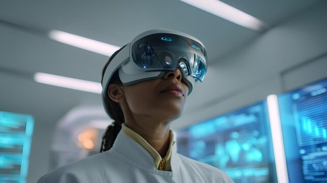 A female scientist with light brown skin wearing a lab coat and VR headset monitors deep-sea mining data in a clean, futuristic lab. Minimalist interior with holographic displays and soft lighting. 