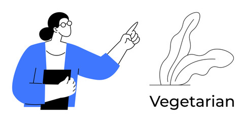 Woman in glasses holding notebook, pointing at leafy plant with Vegetarian label. Ideal for education, diet, vegetarianism, sustainability, healthy lifestyle, eco-awareness, simple flat metaphor