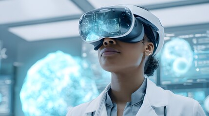 A female scientist with light brown skin wearing a lab coat and VR headset monitors deep-sea mining data in a clean, futuristic lab. Minimalist interior with holographic displays and soft lighting. 